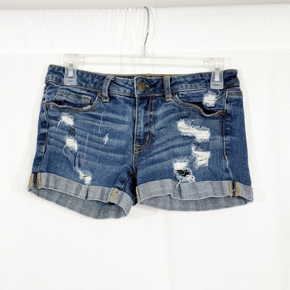Aeropostale Distressed Denim Jean Shortie Cuffed Shorts, Size 4, Blue